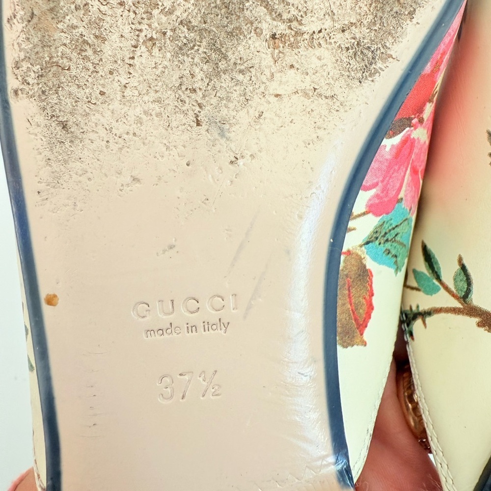 Gucci Cream Floral Leather Horsebit Mules with Pink Accents - Picture 7 of 9